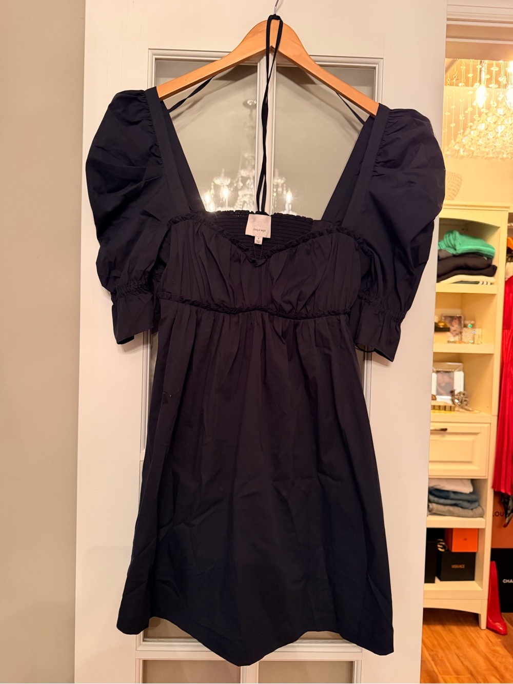 cinq a sept Navy Blue Puff-Sleeve Square-Neck Mini Dress